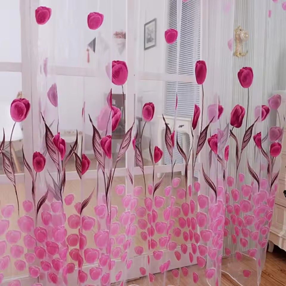 Window Curtains Romantic Tulip Print Voile Sheer Room Decor Curtain Drape Divider Valance Door Living Room Curtain
