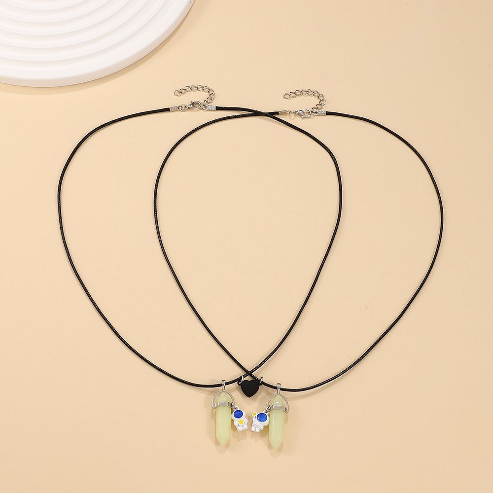1pc Glow in the dark Hexagonal prism pendant astronaut love magnetic buckle leather rope star holding couple good friend necklace A-2038