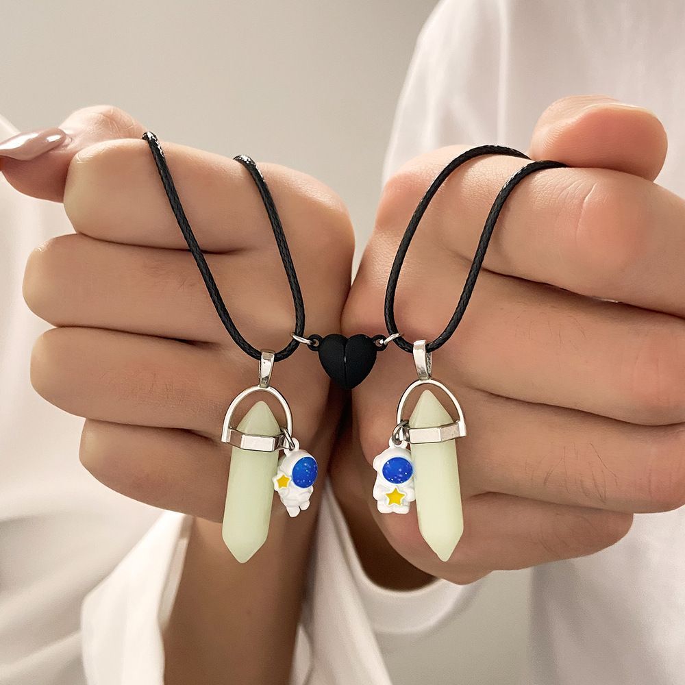 1pc Glow in the dark Hexagonal prism pendant astronaut love magnetic buckle leather rope star holding couple good friend necklace A-2038