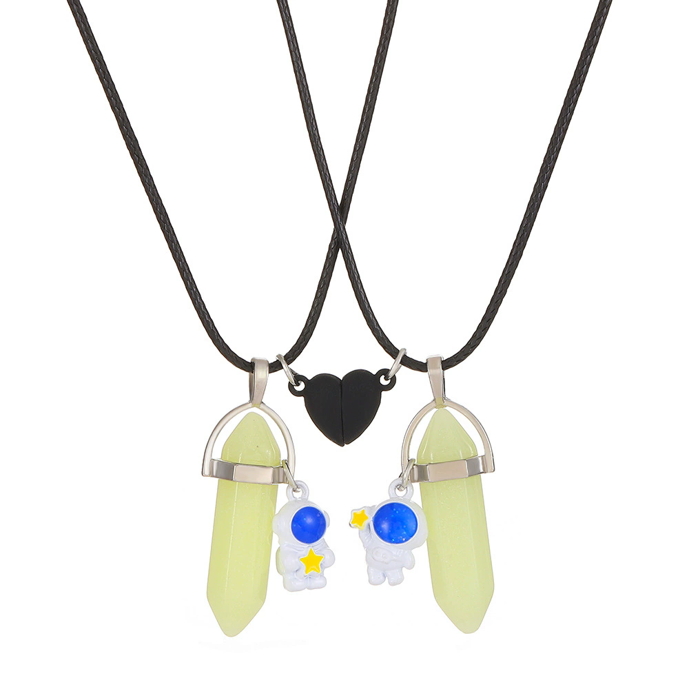 1pc Glow in the dark Hexagonal prism pendant astronaut love magnetic buckle leather rope star holding couple good friend necklace A-2038