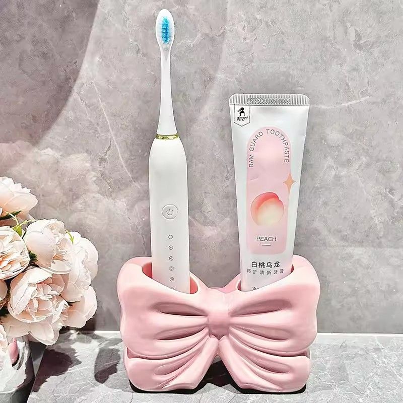 1pc Creative Toothbrush Stand with Loop, Ceramic Electric Toothpaste Storage Rack, Bathroom Countertop Storage Accessories
