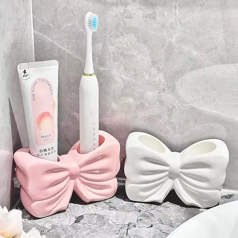 1pc Creative Toothbrush Stand with Loop, Ceramic Electric Toothpaste Storage Rack, Bathroom Countertop Storage Accessories