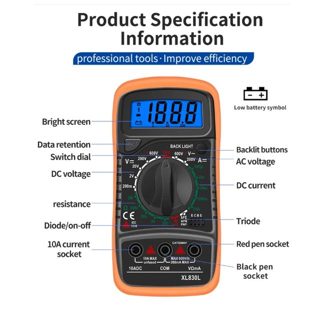 XL830L Digital Multimeter Intelligent Voltage AC/DC Resistance Amperimeter hFE Triode Ohm NCV Diode Multimeter Tester Tools