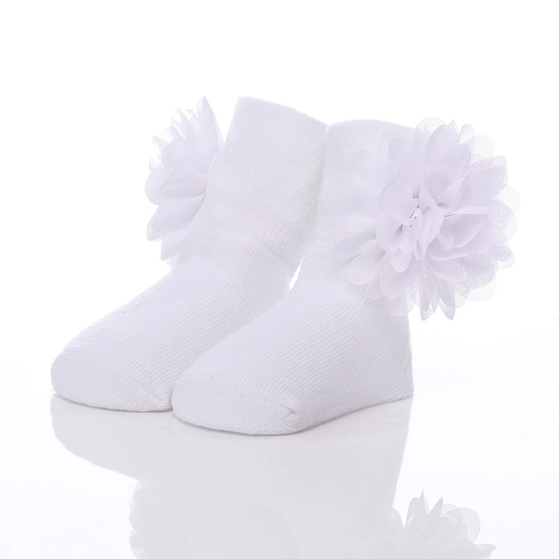 Newborn Baptism Socks Cotton Socks Baby Socks Chiffon Flower Baby Flower 0-6-12 Girls Sock Full Moon Gift New Born Sock L--16--1