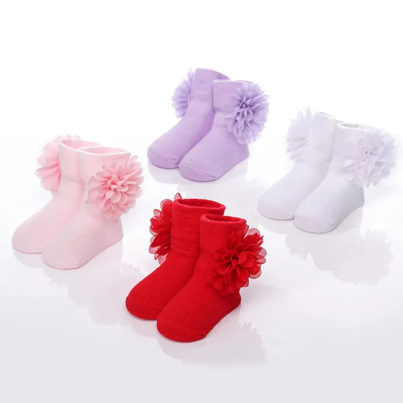 Newborn Baptism Socks Cotton Socks Baby Socks Chiffon Flower Baby Flower 0-6-12 Girls Sock Full Moon Gift New Born Sock L--16--1