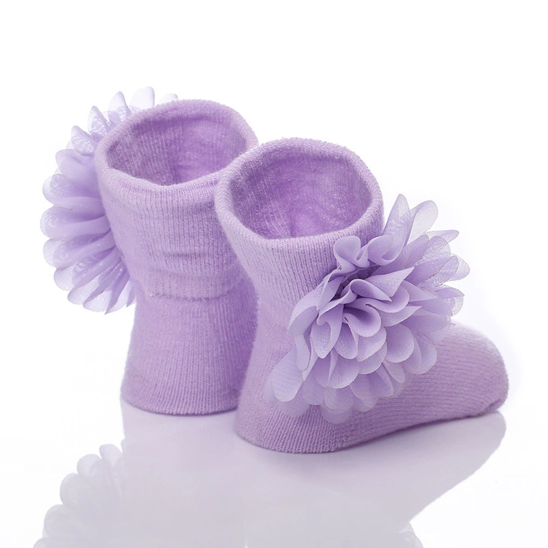 Newborn Baptism Socks Cotton Socks Baby Socks Chiffon Flower Baby Flower 0-6-12 Girls Sock Full Moon Gift New Born Sock L--16--1