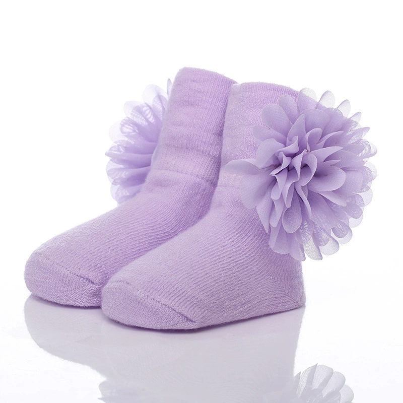 Newborn Baptism Socks Cotton Socks Baby Socks Chiffon Flower Baby Flower 0-6-12 Girls Sock Full Moon Gift New Born Sock L--16--1