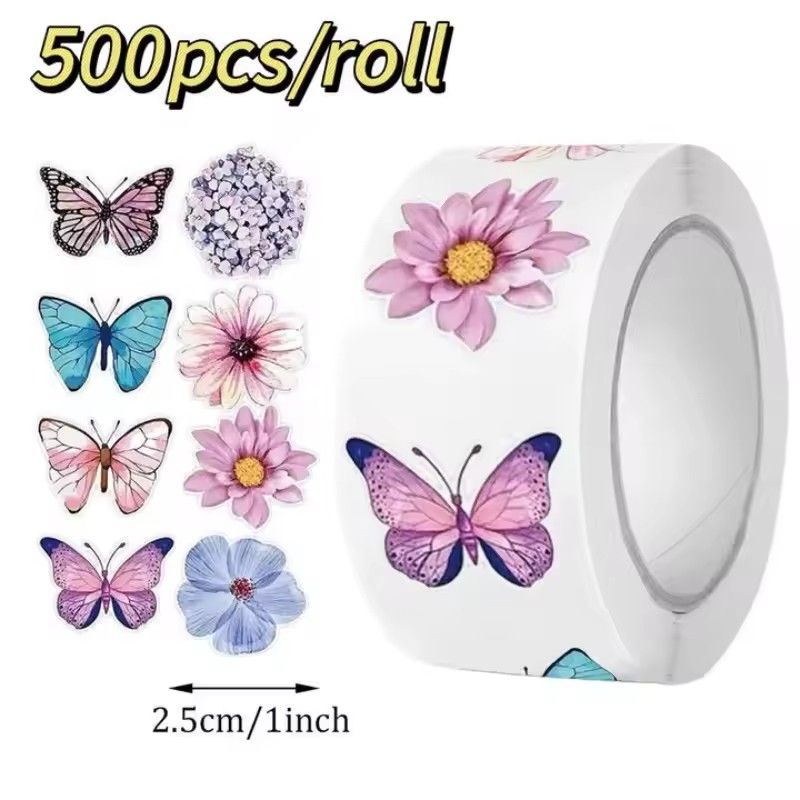 1 rolls Butterfly Flowers Stickers 2.5cm/1.0inch Diy Decals Decor Use To Adorn Gifts Notebook Kettle Phone Seal Labels C-616
