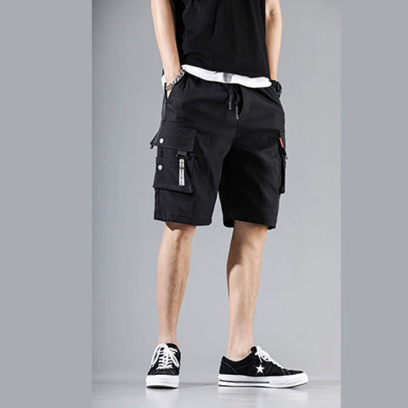 Men's Cargo Shorts Solid Color Multiple Pockets Short Pants Summer Elastic Waistband Drawstring Cargo Shorts Casual Men Shorts