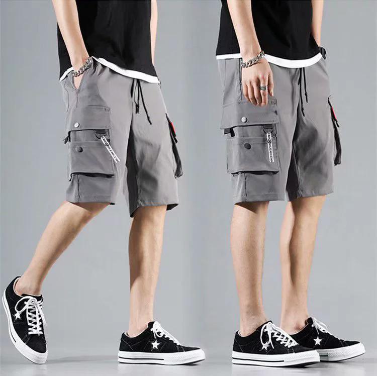 Men's Cargo Shorts Solid Color Multiple Pockets Short Pants Summer Elastic Waistband Drawstring Cargo Shorts Casual Men Shorts