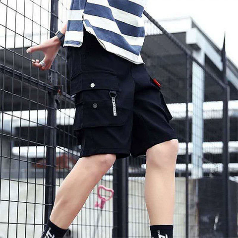 Men's Cargo Shorts Solid Color Multiple Pockets Short Pants Summer Elastic Waistband Drawstring Cargo Shorts Casual Men Shorts
