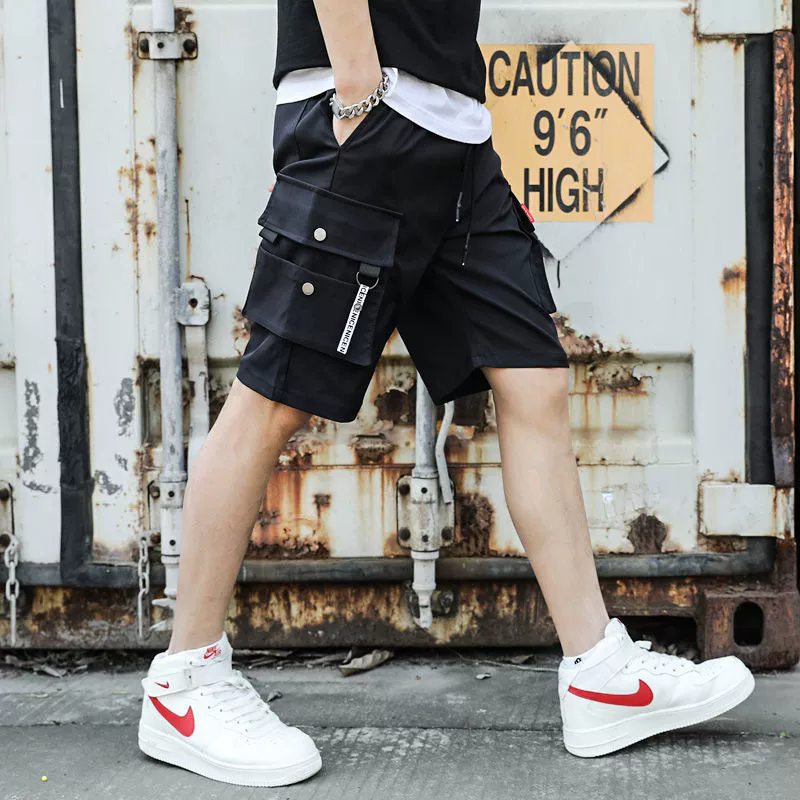 Men's Cargo Shorts Solid Color Multiple Pockets Short Pants Summer Elastic Waistband Drawstring Cargo Shorts Casual Men Shorts