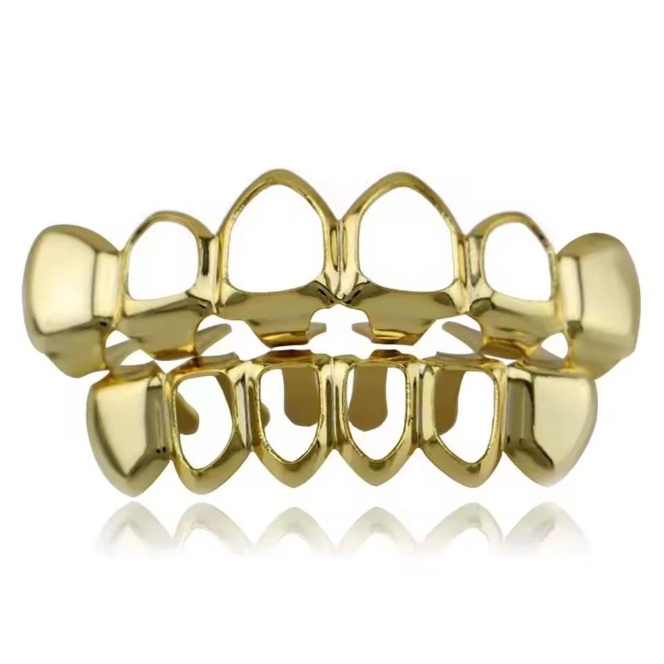 Hip Hop Gold Plated Teeth Grillz Fashion Top Bottom Hollow Tooth Cap Dental Grills For Men Women Jewelry Party Gift B2-1007