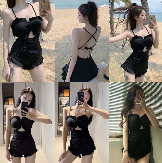 Women's Korean Halter Neck Swimwear, Sexy High Waist One-Piece Hollow Swimwear, Swimwear with Ruffles, Summer 2025 Beachwear