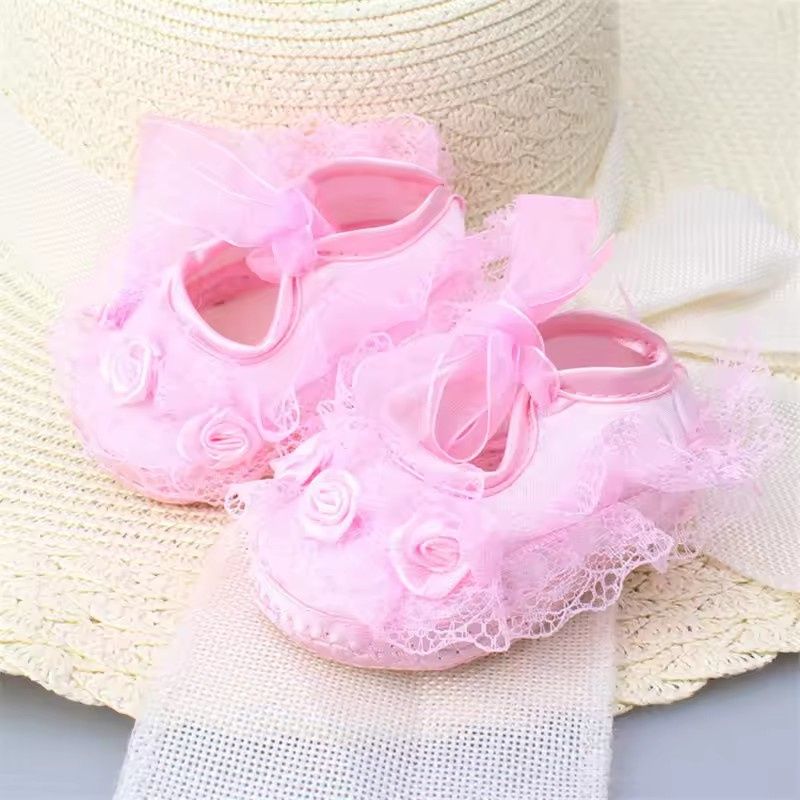 Baby New Born Girls Shoes Toddler Baby Soft Sole Slip Shoes Female Baby Lace Bow Princess Pink Shoes