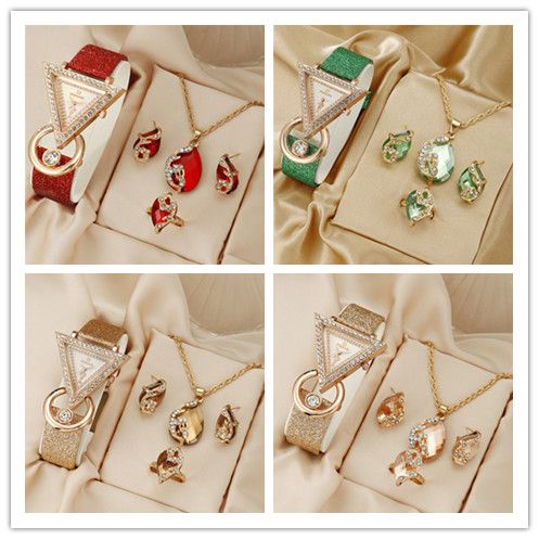 4PCS Set Woman Bracelet Watches Ladies New Fashion Triangle Crystal Leather Quartz Watch For Girls Gift Reloj Mujer Wristwatches