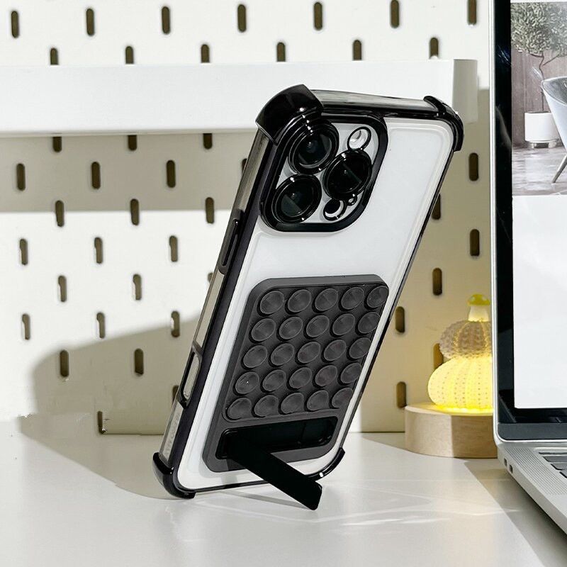 Suction Cup Phone Laptop Stand  Adjustable Silicone Base with Metal Holder Non-Slip Adhesive Mount for Glass Desk (Multi-Angle)