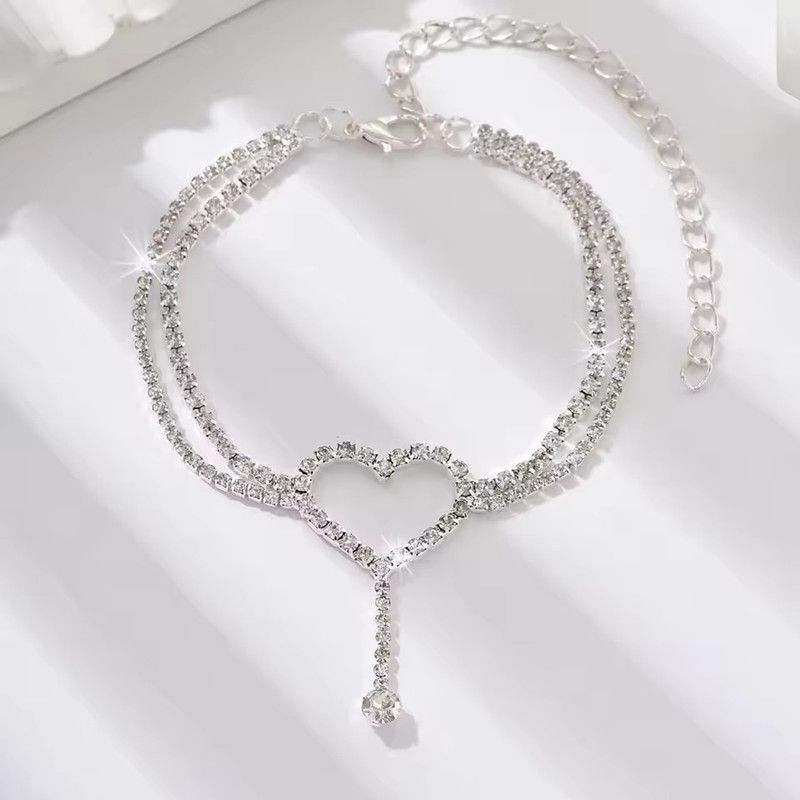 New Rhinestone Ankle Bracelet Double Layer Heart Anklet Bracelets Boho Tennis Foot Chain Wedding Jewelry Accessories For Women A-2164