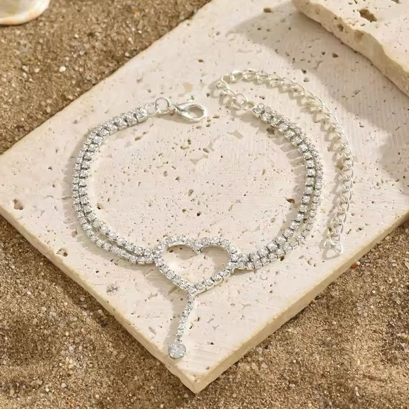 New Rhinestone Ankle Bracelet Double Layer Heart Anklet Bracelets Boho Tennis Foot Chain Wedding Jewelry Accessories For Women A-2164