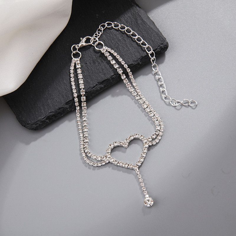 New Rhinestone Ankle Bracelet Double Layer Heart Anklet Bracelets Boho Tennis Foot Chain Wedding Jewelry Accessories For Women A-2164