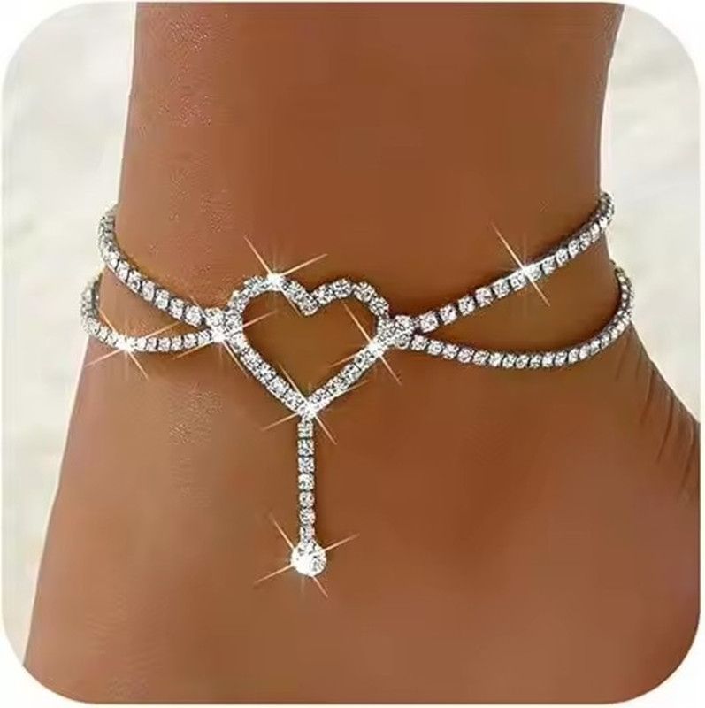 New Rhinestone Ankle Bracelet Double Layer Heart Anklet Bracelets Boho Tennis Foot Chain Wedding Jewelry Accessories For Women A-2164