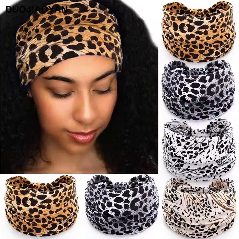 1PC Leopard Print Sports Headband, European and American Knotted Wide Edge Elastic Headband, Sweat Absorbing Headband