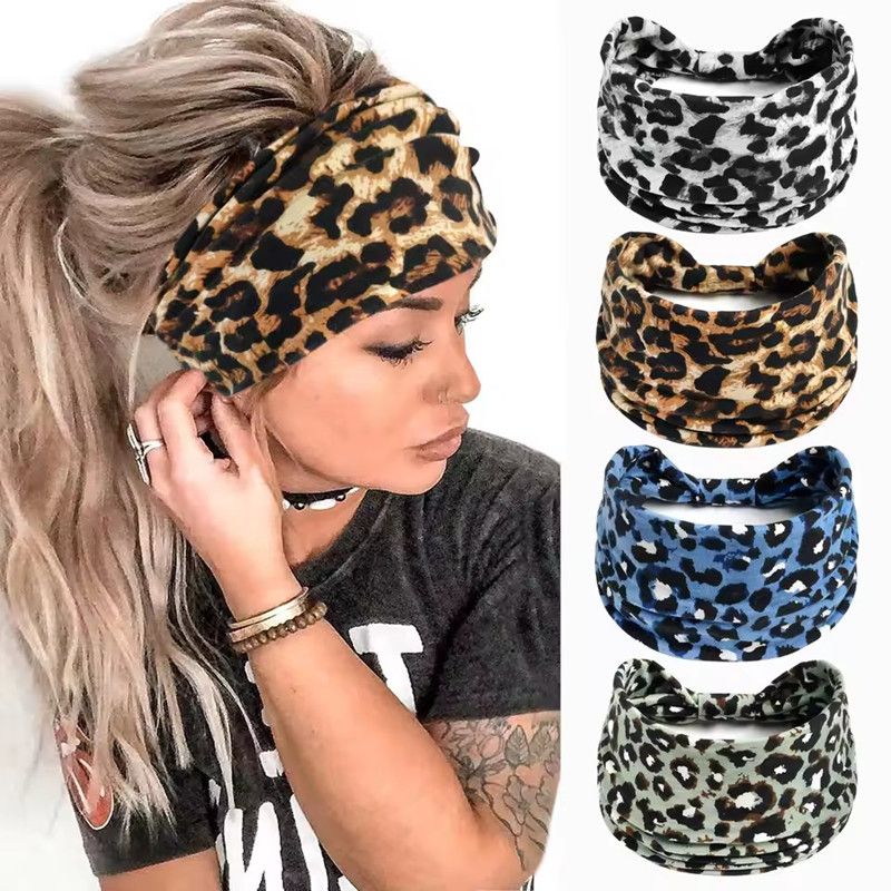 1PC Leopard Print Sports Headband, European and American Knotted Wide Edge Elastic Headband, Sweat Absorbing Headband