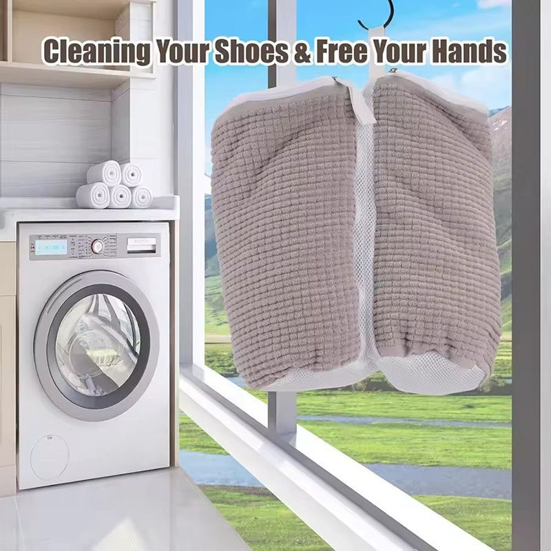 1PC Side Zipper Shoe Bag for Washing Machine Chenille Velvet Lined Shoe Washing Bag Portable Fluffy Fiber Sneaker Laundry Bags(Note: This is for sale as one item, not a pair)