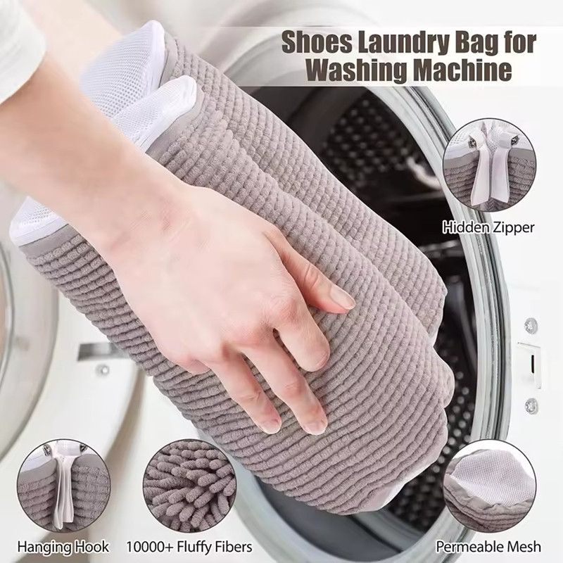 1PC Side Zipper Shoe Bag for Washing Machine Chenille Velvet Lined Shoe Washing Bag Portable Fluffy Fiber Sneaker Laundry Bags(Note: This is for sale as one item, not a pair)