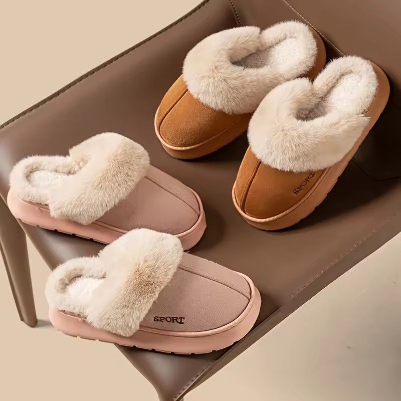 Winter Warm Sports Fluffy Slippers Women Thick Sole Non Slip Plush House Shoes Woman Fashion Faux Fur Platform Indoor Slippers