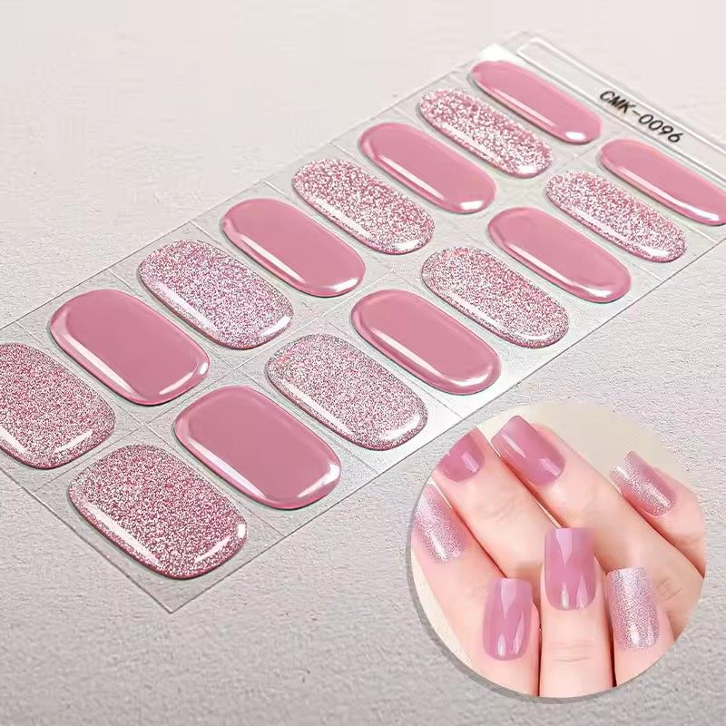 1PC 16Tips French Stripe Gel Nail Strips Full Cover Shining Polka Dot Baking-Free Gel Nail Stickers DIY Manicure Decoration