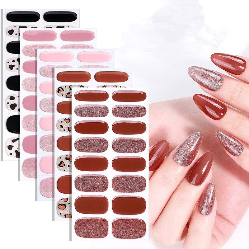 1PC 16Tips French Stripe Gel Nail Strips Full Cover Shining Polka Dot Baking-Free Gel Nail Stickers DIY Manicure Decoration