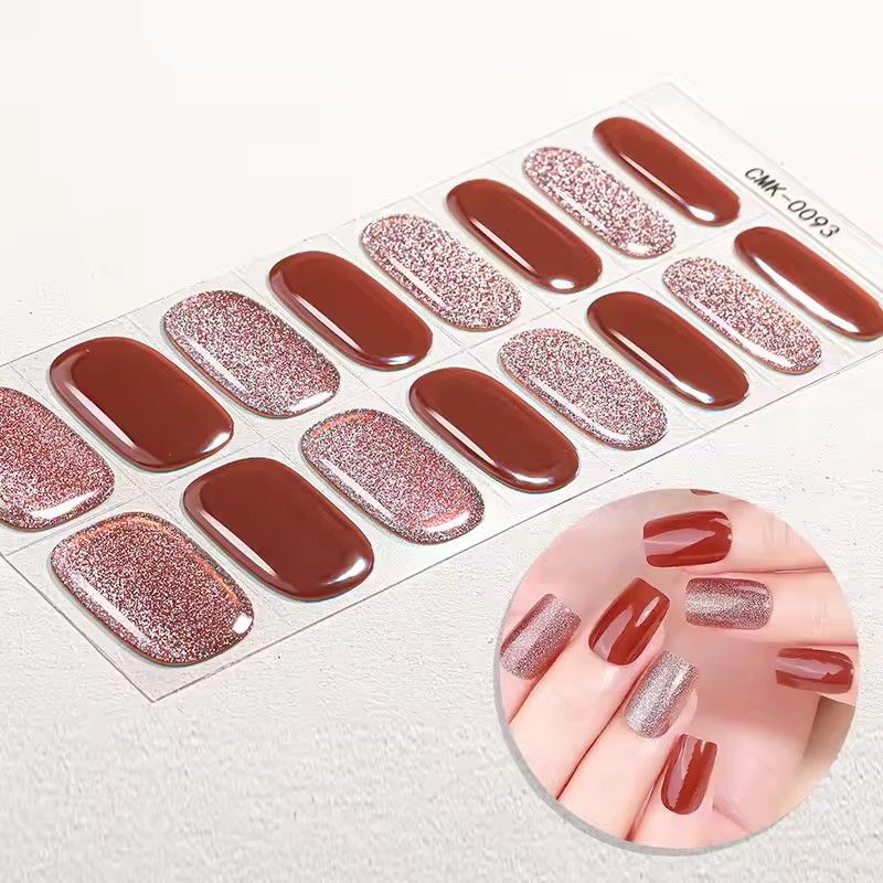 1PC 16Tips French Stripe Gel Nail Strips Full Cover Shining Polka Dot Baking-Free Gel Nail Stickers DIY Manicure Decoration