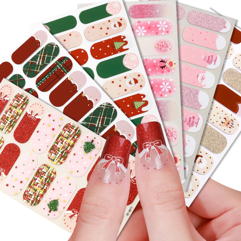 16tips Christmas Baking-Free Nail Stickers Winter Snowflake Snowman Adhesive Nail Strips Patch Slider Full Cover Nail Decoration