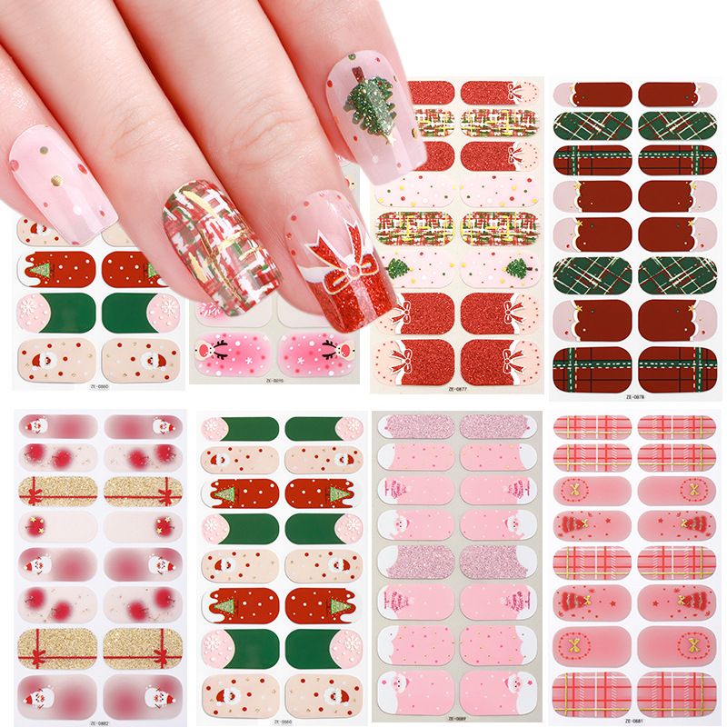16tips Christmas Baking-Free Nail Stickers Winter Snowflake Snowman Adhesive Nail Strips Patch Slider Full Cover Nail Decoration