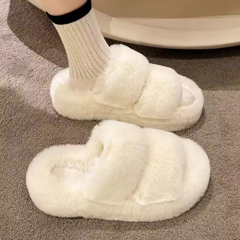 Korean Style Women's Fall Winter Thick Bottom Fur Slippers Indoor Outdoor Soft Sole Warm Fashionable PVC Material Shoes