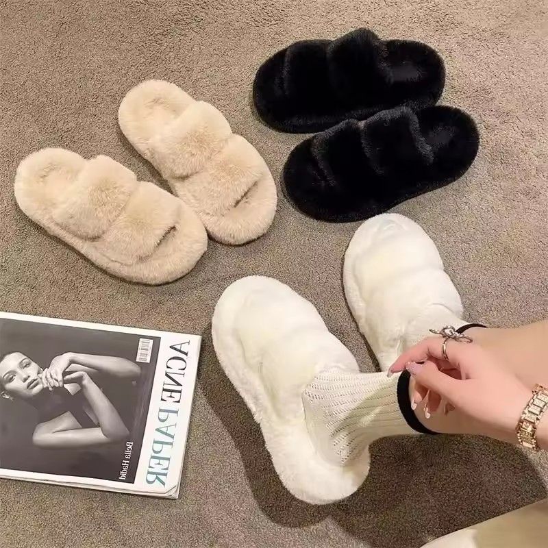 Korean Style Women's Fall Winter Thick Bottom Fur Slippers Indoor Outdoor Soft Sole Warm Fashionable PVC Material Shoes