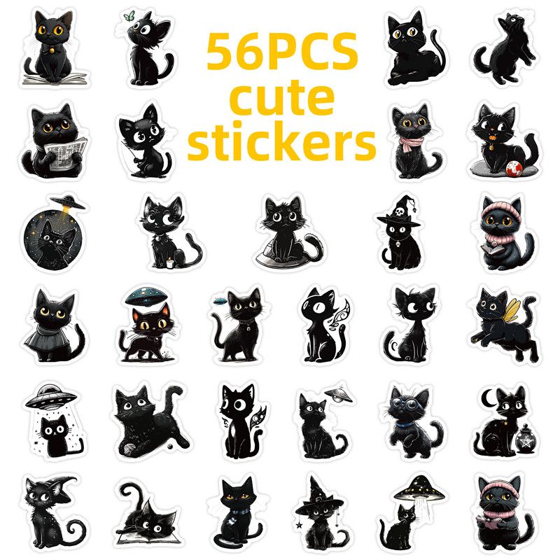 56 Pieces New Cartoon Black Cat Stickers Cute Cute Cat Animal Decal Waterproof Helmet Water Cup Laptop Decorative Stickers