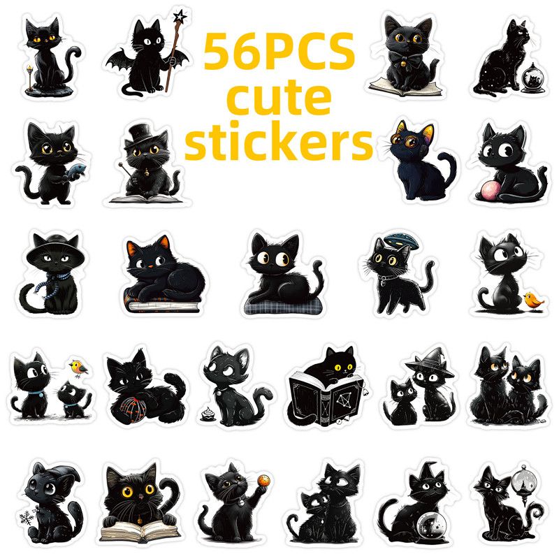 56 Pieces New Cartoon Black Cat Stickers Cute Cute Cat Animal Decal Waterproof Helmet Water Cup Laptop Decorative Stickers