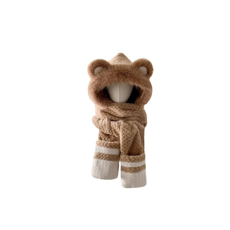 1PC 3-in-1 Plush Bear Hat Scarf Gloves Set for Women, Integrated Hooded Balaclava with Earmuffs, Cute & Warm Winter Set