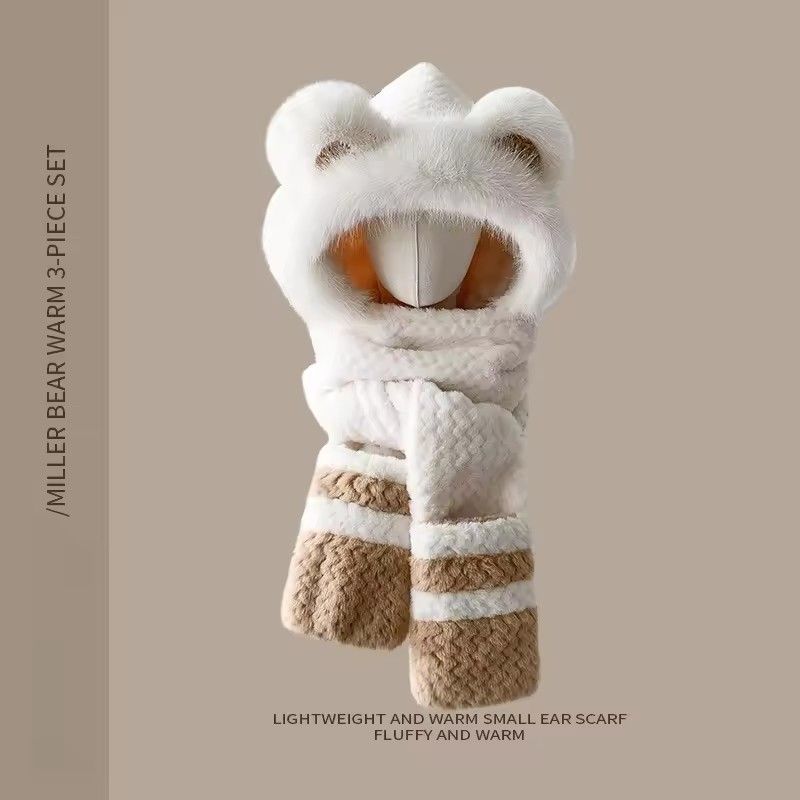 1PC 3-in-1 Plush Bear Hat Scarf Gloves Set for Women, Integrated Hooded Balaclava with Earmuffs, Cute & Warm Winter Set