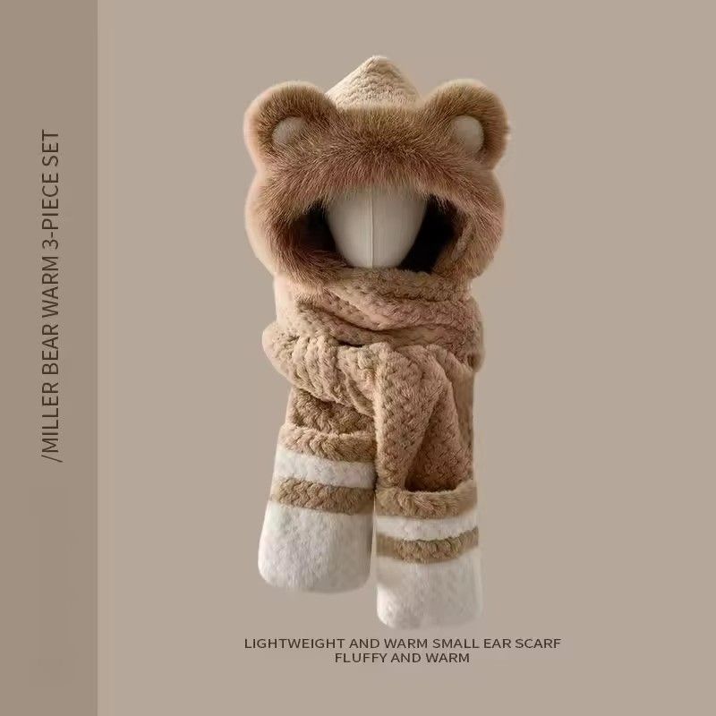 1PC 3-in-1 Plush Bear Hat Scarf Gloves Set for Women, Integrated Hooded Balaclava with Earmuffs, Cute & Warm Winter Set