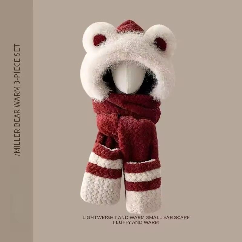 1PC 3-in-1 Plush Bear Hat Scarf Gloves Set for Women, Integrated Hooded Balaclava with Earmuffs, Cute & Warm Winter Set
