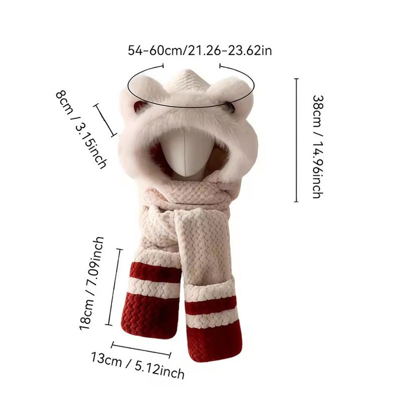 1PC 3-in-1 Plush Bear Hat Scarf Gloves Set for Women, Integrated Hooded Balaclava with Earmuffs, Cute & Warm Winter Set