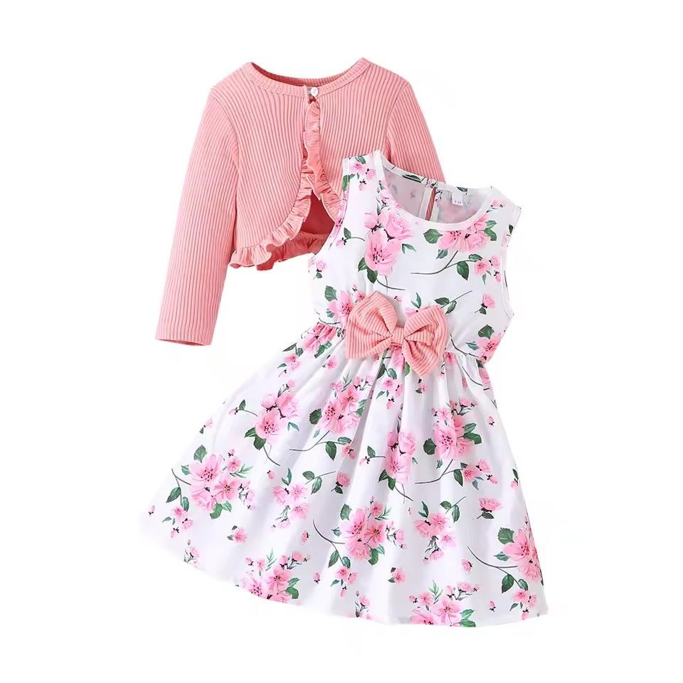 2-8Y Kids Girl Outfits Sleeveless Floral Bow A-Line Dress with Ribbed Ruffle Cardigan Coats Children Clothes Princess