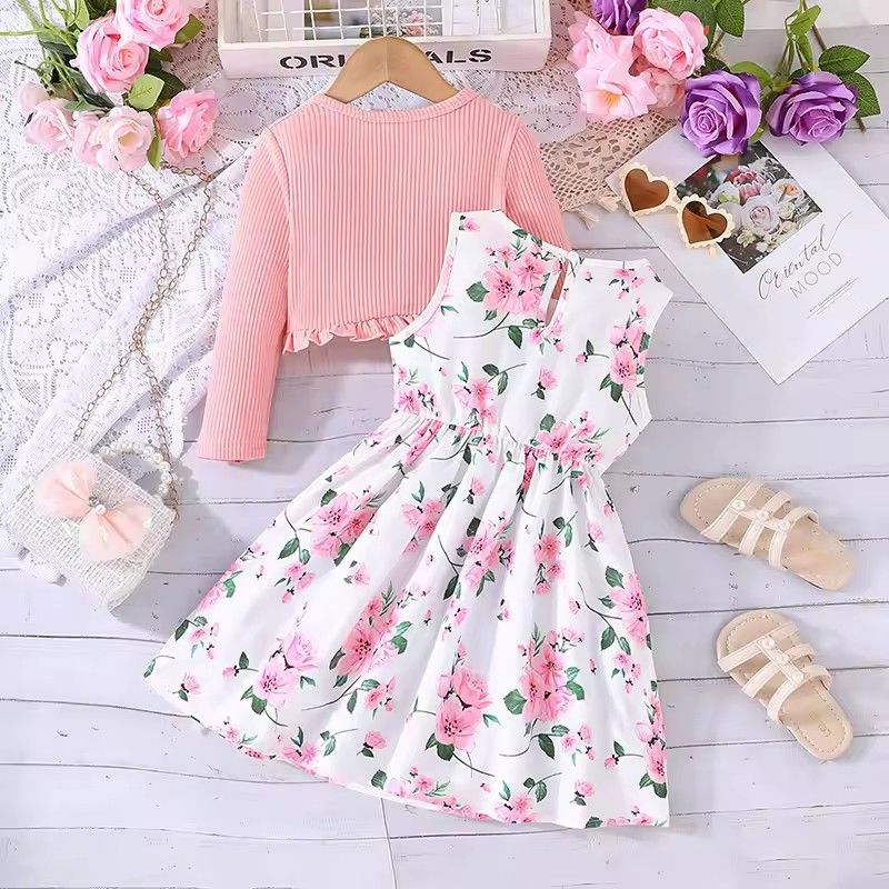 2-8Y Kids Girl Outfits Sleeveless Floral Bow A-Line Dress with Ribbed Ruffle Cardigan Coats Children Clothes Princess