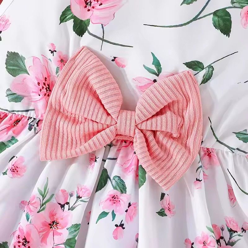 2-8Y Kids Girl Outfits Sleeveless Floral Bow A-Line Dress with Ribbed Ruffle Cardigan Coats Children Clothes Princess