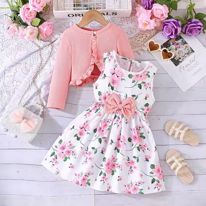 2-8Y Kids Girl Outfits Sleeveless Floral Bow A-Line Dress with Ribbed Ruffle Cardigan Coats Children Clothes Princess
