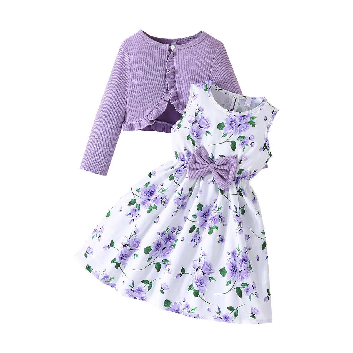 2-8Y Kids Girl Outfits Sleeveless Floral Bow A-Line Dress with Ribbed Ruffle Cardigan Coats Children Clothes Princess