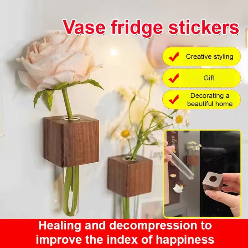 1PC Creative Magnetic Wooden Vase Fridge Magnet Refrigerator Sticker Creative Floral Decoration Middle Ancient Style Home Decor C-673